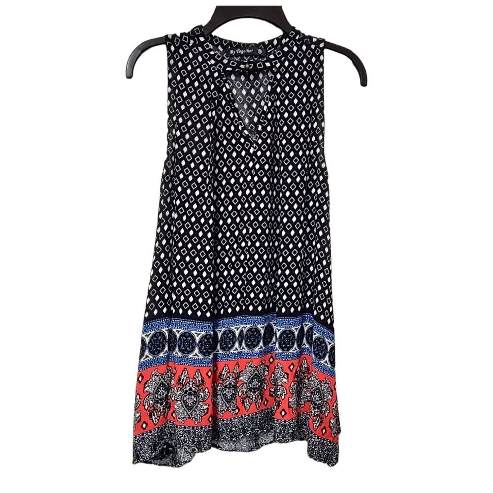 By Together Womens Black Geometric Sleeveless Blouse Keyhole Neck Size Small